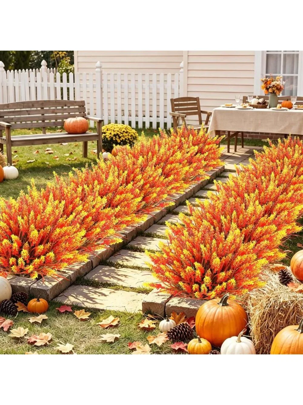 16 Bundles Fall Orange Lavender Flowers & Monkey Grass - UV Resistant Faux